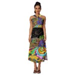 Nature Moon Psychedelic Painting Sleeveless Cross Front Cocktail Midi Chiffon Dress