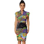 Nature Moon Psychedelic Painting Vintage Frill Sleeve V-Neck Bodycon Dress