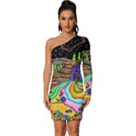 Nature Moon Psychedelic Painting Long Sleeve One Shoulder Mini Dress