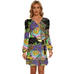 Nature Moon Psychedelic Painting Long Sleeve Waist Tie Ruffle Velvet Dress
