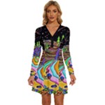 Nature Moon Psychedelic Painting Long Sleeve Deep V Mini Dress 