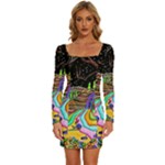 Nature Moon Psychedelic Painting Long Sleeve Square Neck Bodycon Velvet Dress
