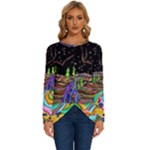 Nature Moon Psychedelic Painting Long Sleeve Crew Neck Pullover Top