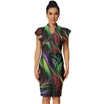 Abstract Psychedelic Vintage Frill Sleeve V-Neck Bodycon Dress
