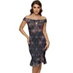 Abstract Psychedelic Geometry Andy Gilmore Sacred Off Shoulder Ruffle Split Hem Bodycon Dress