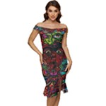Somewhere Near Oblivion Nightmares Acid Colors Psychedelic Off Shoulder Ruffle Split Hem Bodycon Dress