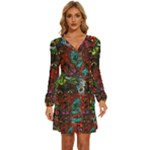 Somewhere Near Oblivion Nightmares Acid Colors Psychedelic Long Sleeve Waist Tie Ruffle Velvet Dress
