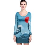 Minimalism Great Wave Off Kanagawa Long Sleeve Velvet Bodycon Dress