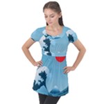 Minimalism Great Wave Off Kanagawa Puff Sleeve Tunic Top