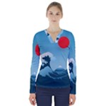 Minimalism Great Wave Off Kanagawa V-Neck Long Sleeve Top