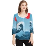 Minimalism Great Wave Off Kanagawa Chiffon Quarter Sleeve Blouse