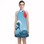 Minimalism Great Wave Off Kanagawa Velvet Halter Neckline Dress 