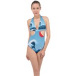 Minimalism Great Wave Off Kanagawa Halter Front Plunge Swimsuit