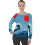 Minimalism Great Wave Off Kanagawa Off Shoulder Long Sleeve Velour Top