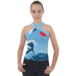 Minimalism Great Wave Off Kanagawa Cross Neck Velour Top