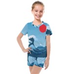 Minimalism Great Wave Off Kanagawa Kids  Mesh T-Shirt and Shorts Set