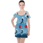 Minimalism Great Wave Off Kanagawa Ruffle Cut Out Chiffon Playsuit