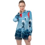 Minimalism Great Wave Off Kanagawa Long Sleeve Satin Shirt