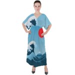 Minimalism Great Wave Off Kanagawa V-Neck Boho Style Maxi Dress