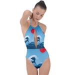 Minimalism Great Wave Off Kanagawa Plunge Cut Halter Swimsuit