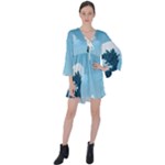 Minimalism Great Wave Off Kanagawa V-Neck Flare Sleeve Mini Dress