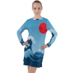 Minimalism Great Wave Off Kanagawa Long Sleeve Hoodie Dress