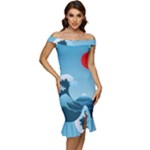 Minimalism Great Wave Off Kanagawa Off Shoulder Ruffle Split Hem Bodycon Dress