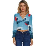 Minimalism Great Wave Off Kanagawa Long Sleeve V-Neck Top