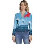 Minimalism Great Wave Off Kanagawa Women s Long Sleeve Revers Collar Cropped Jacket