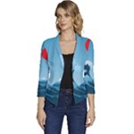 Minimalism Great Wave Off Kanagawa Women s Casual 3/4 Sleeve Spring Jacket