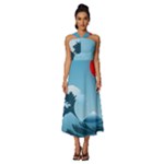 Minimalism Great Wave Off Kanagawa Sleeveless Cross Front Cocktail Midi Chiffon Dress