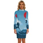 Minimalism Great Wave Off Kanagawa Long Sleeve Shirt Collar Bodycon Dress