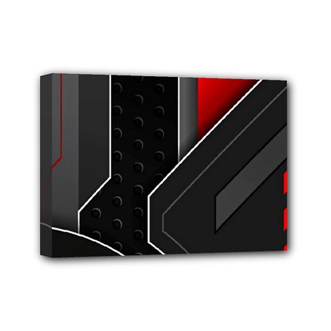 Gamer Tech Black Mesh Red Modern Shape Texture Geometric Pattern Mini Canvas 7  x 5  (Stretched) from ArtsNow.com