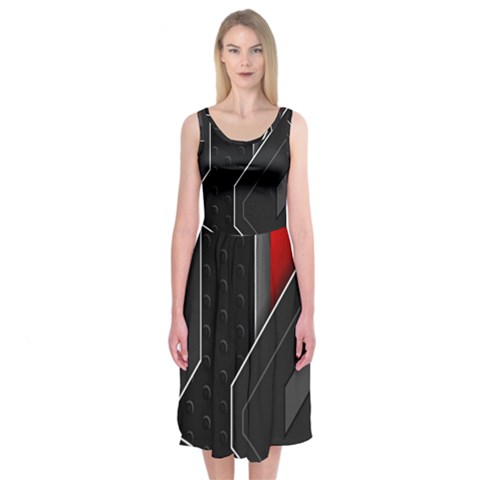 Gamer Tech Black Mesh Red Modern Shape Texture Geometric Pattern Midi Sleeveless Dress from ArtsNow.com