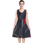 Gamer Tech Black Mesh Red Modern Shape Texture Geometric Pattern V-Neck Midi Sleeveless Dress 