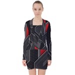 Gamer Tech Black Mesh Red Modern Shape Texture Geometric Pattern V-neck Bodycon Long Sleeve Dress