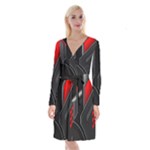 Gamer Tech Black Mesh Red Modern Shape Texture Geometric Pattern Long Sleeve Velvet Front Wrap Dress
