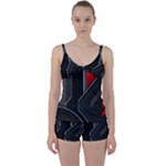 Gamer Tech Black Mesh Red Modern Shape Texture Geometric Pattern Tie Front Two Piece Tankini