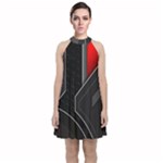 Gamer Tech Black Mesh Red Modern Shape Texture Geometric Pattern Velvet Halter Neckline Dress 