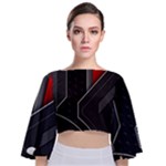 Gamer Tech Black Mesh Red Modern Shape Texture Geometric Pattern Tie Back Butterfly Sleeve Chiffon Top
