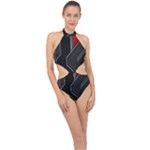 Gamer Tech Black Mesh Red Modern Shape Texture Geometric Pattern Halter Side Cut Swimsuit