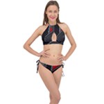 Gamer Tech Black Mesh Red Modern Shape Texture Geometric Pattern Cross Front Halter Bikini Set