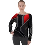 Gamer Tech Black Mesh Red Modern Shape Texture Geometric Pattern Off Shoulder Long Sleeve Velour Top