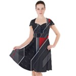 Gamer Tech Black Mesh Red Modern Shape Texture Geometric Pattern Cap Sleeve Midi Dress