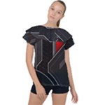 Gamer Tech Black Mesh Red Modern Shape Texture Geometric Pattern Ruffle Collar Chiffon Blouse