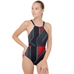 Gamer Tech Black Mesh Red Modern Shape Texture Geometric Pattern High Neck One Piece Swimsuit
