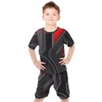 Gamer Tech Black Mesh Red Modern Shape Texture Geometric Pattern Kids  T-Shirt and Shorts Set