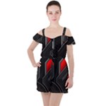 Gamer Tech Black Mesh Red Modern Shape Texture Geometric Pattern Ruffle Cut Out Chiffon Playsuit