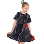 Gamer Tech Black Mesh Red Modern Shape Texture Geometric Pattern Kids  Short Sleeve Shirt Dress