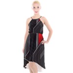 Gamer Tech Black Mesh Red Modern Shape Texture Geometric Pattern High-Low Halter Chiffon Dress 